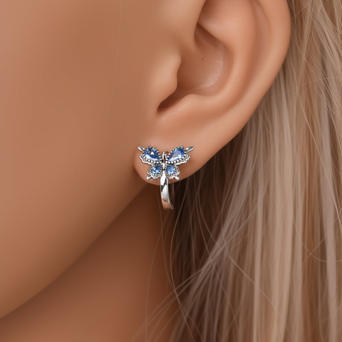 Liora Atelier Blue Butterfly with Crystal Wings Hoop Earrings