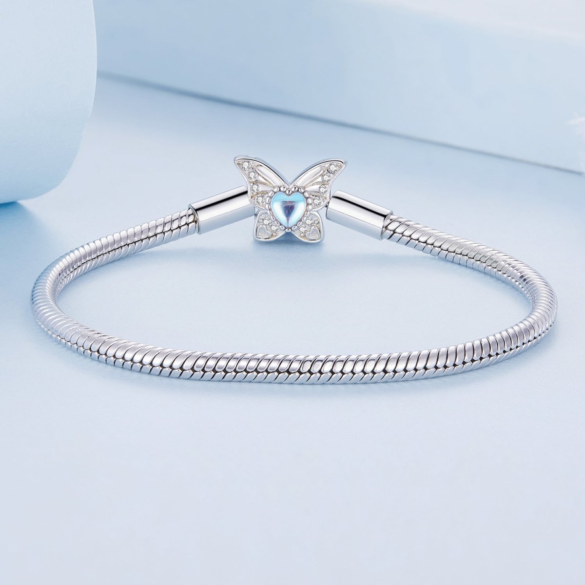 Liora Atelier Blue Heart Butterfly Clasp Charm Bracelet