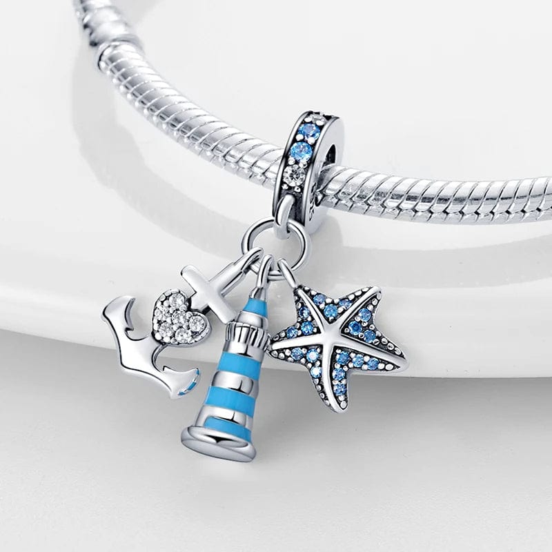 Liora Atelier Blue LightHouse with Starfish & Anchor Triple Dangle Charm