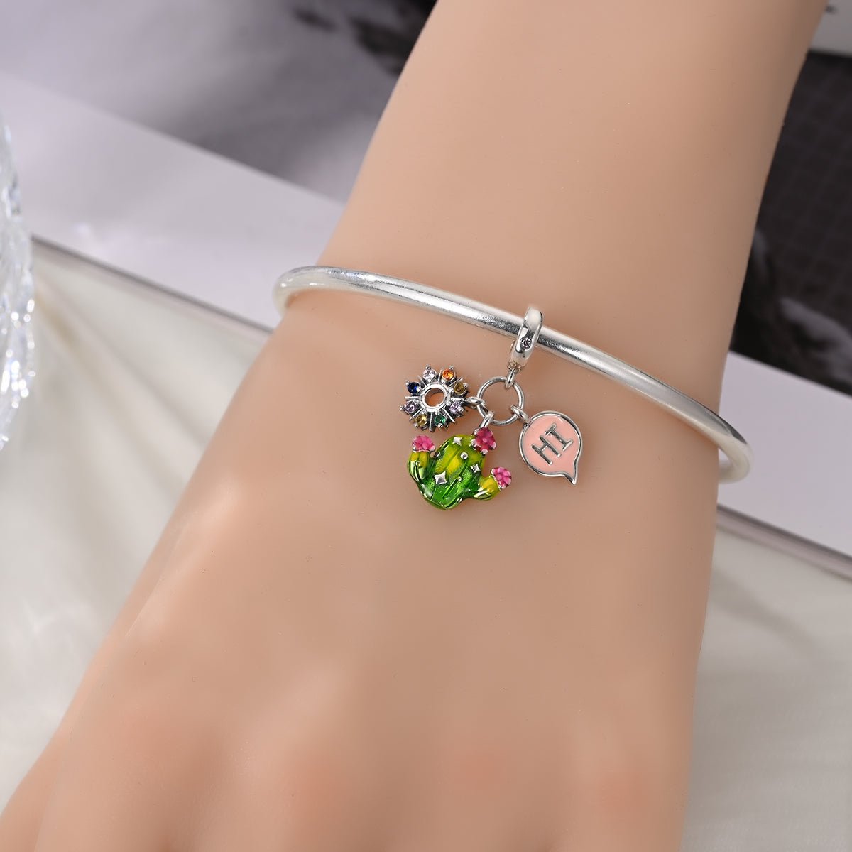 Liora Atelier Cactus with Rainbow Flowers & "Hi" Speech Bubble Dangle Charm