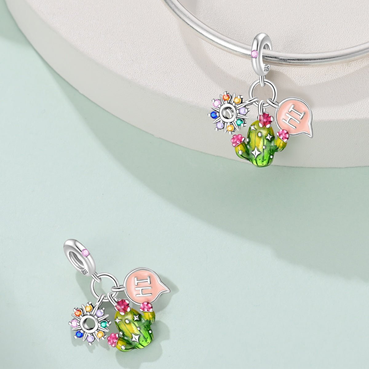 Liora Atelier Cactus with Rainbow Flowers & "Hi" Speech Bubble Dangle Charm