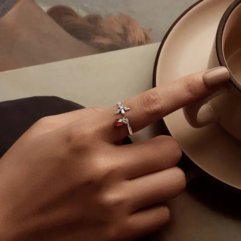 Liora Atelier Crimson Teardrop, Sterling Silver Fleur - de - Lis Ring