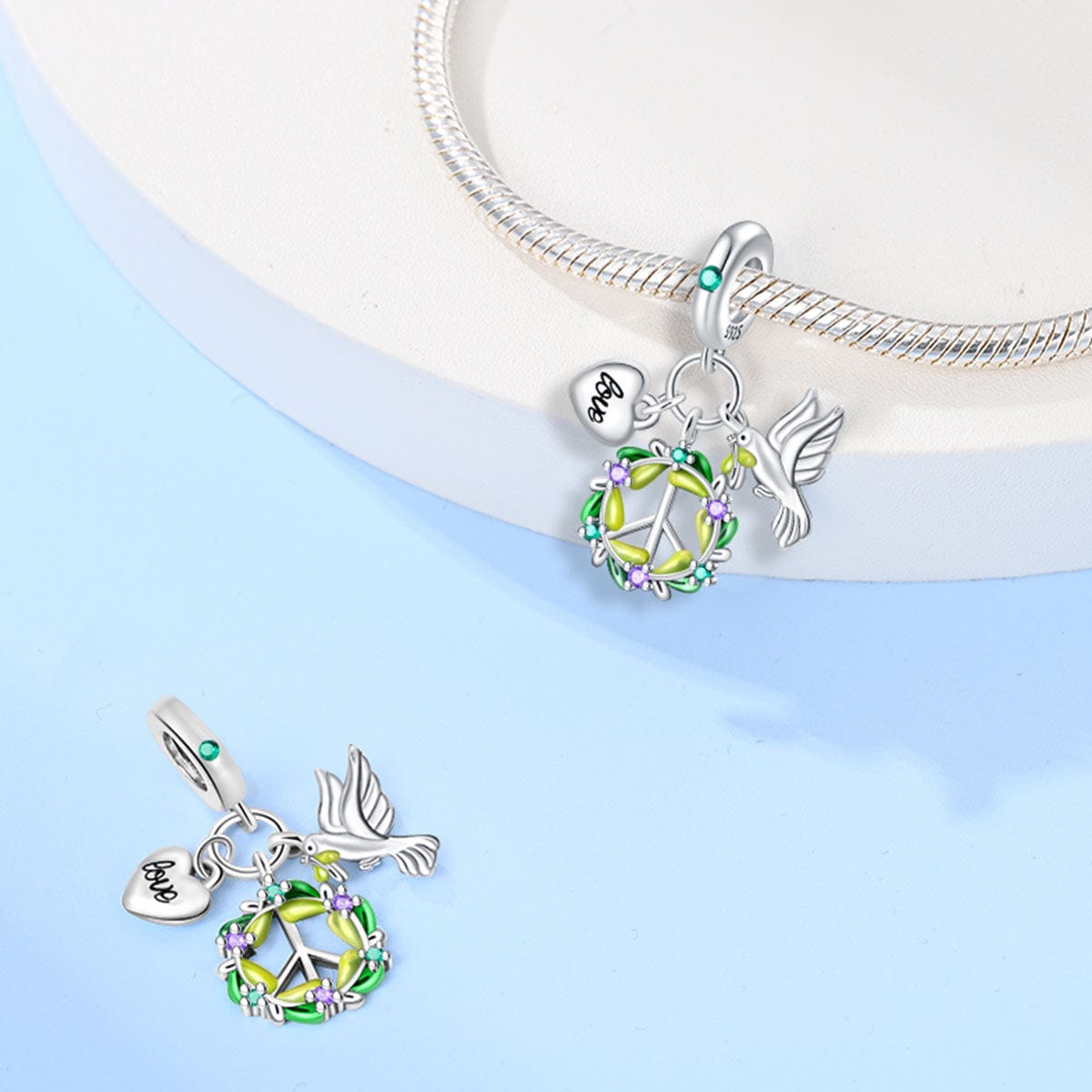 Liora Atelier Dove, Peace Wreath, and Love Heart Triple Dangle Charm