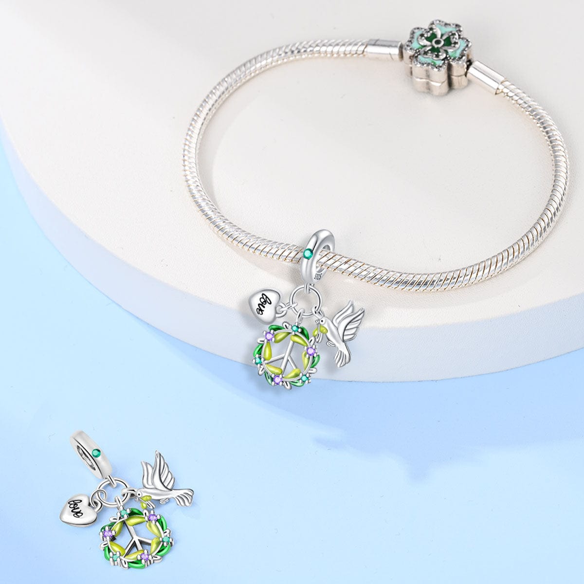 Liora Atelier Dove, Peace Wreath, and Love Heart Triple Dangle Charm