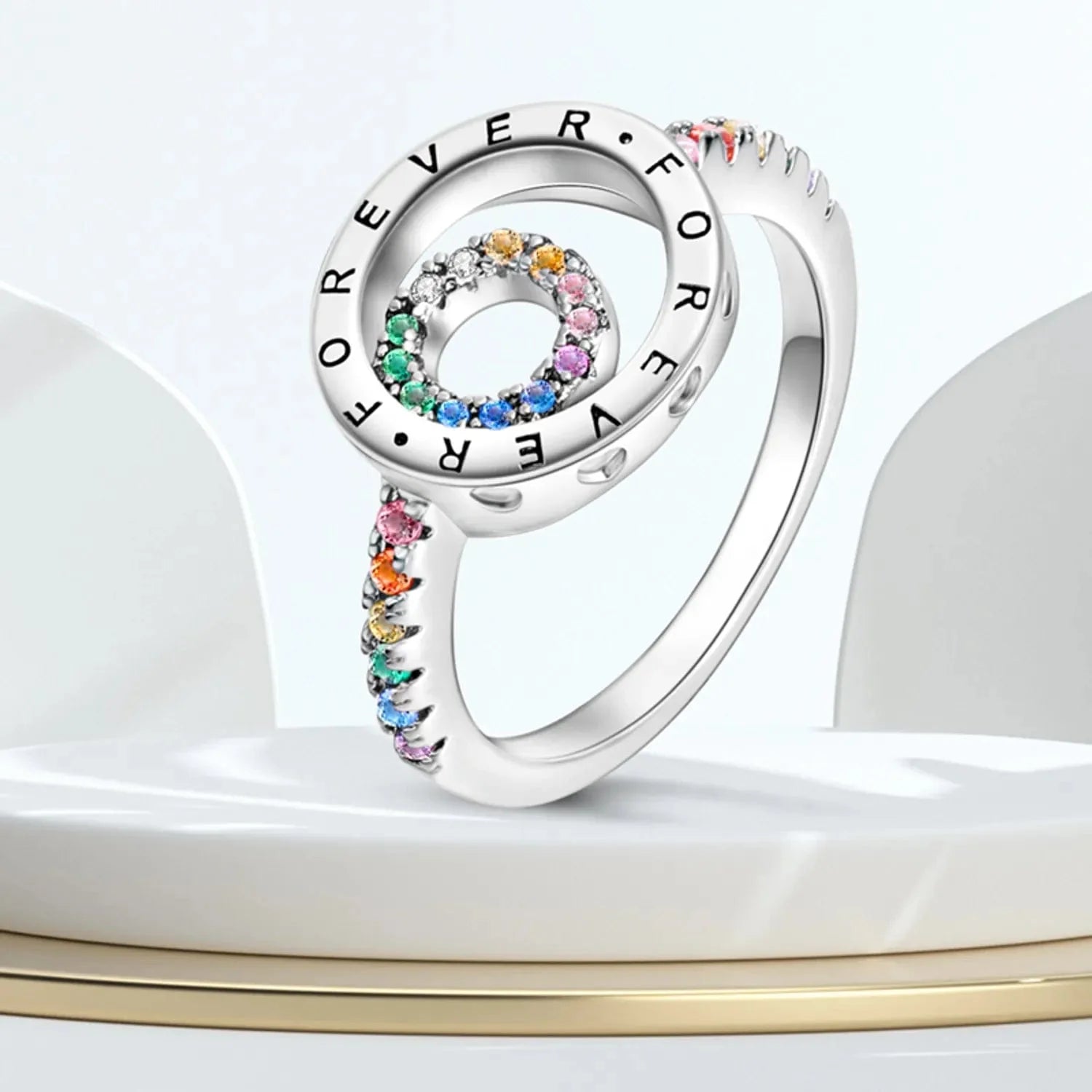 Liora Atelier Elegant Sparkling Round Family Forever Rainbow Stone Ring