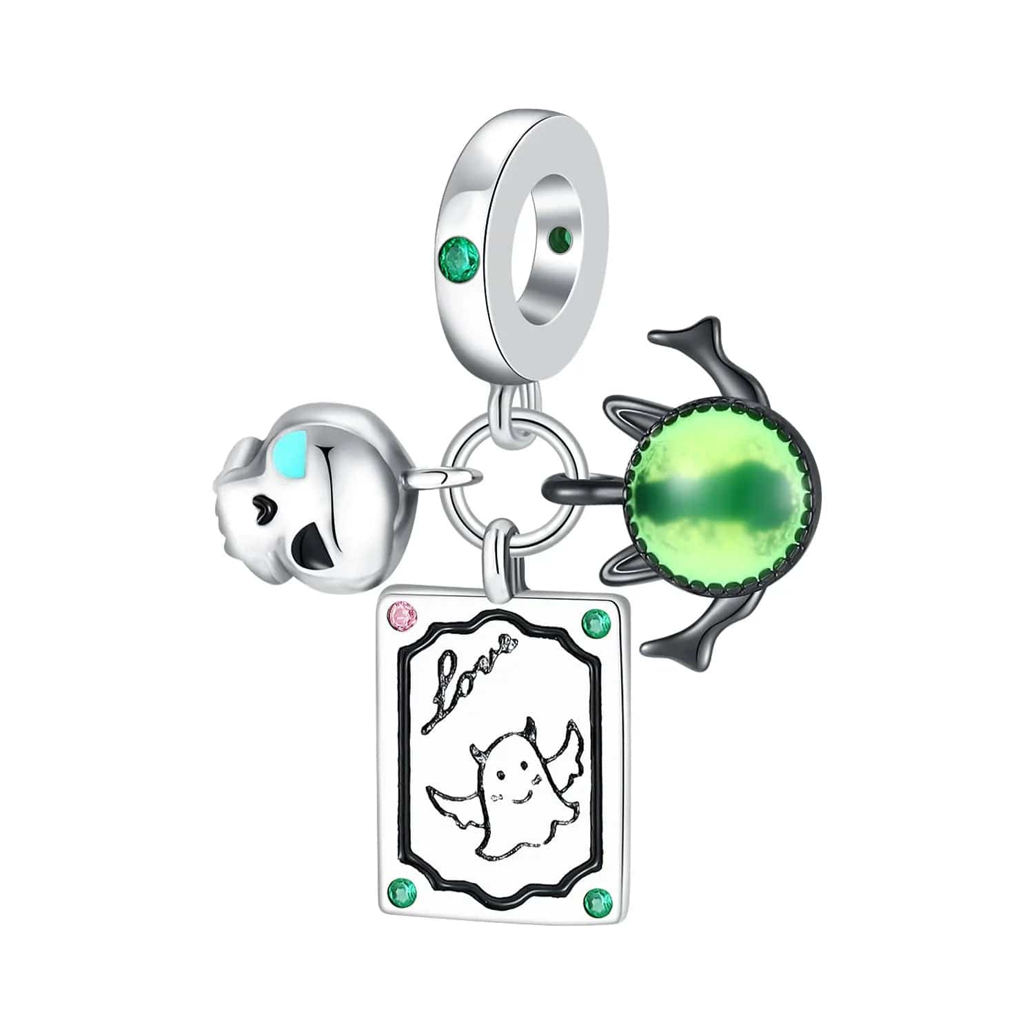 Liora Atelier Enchanting Ghost Charm with Skull, 'Love' Token, and Green Gem