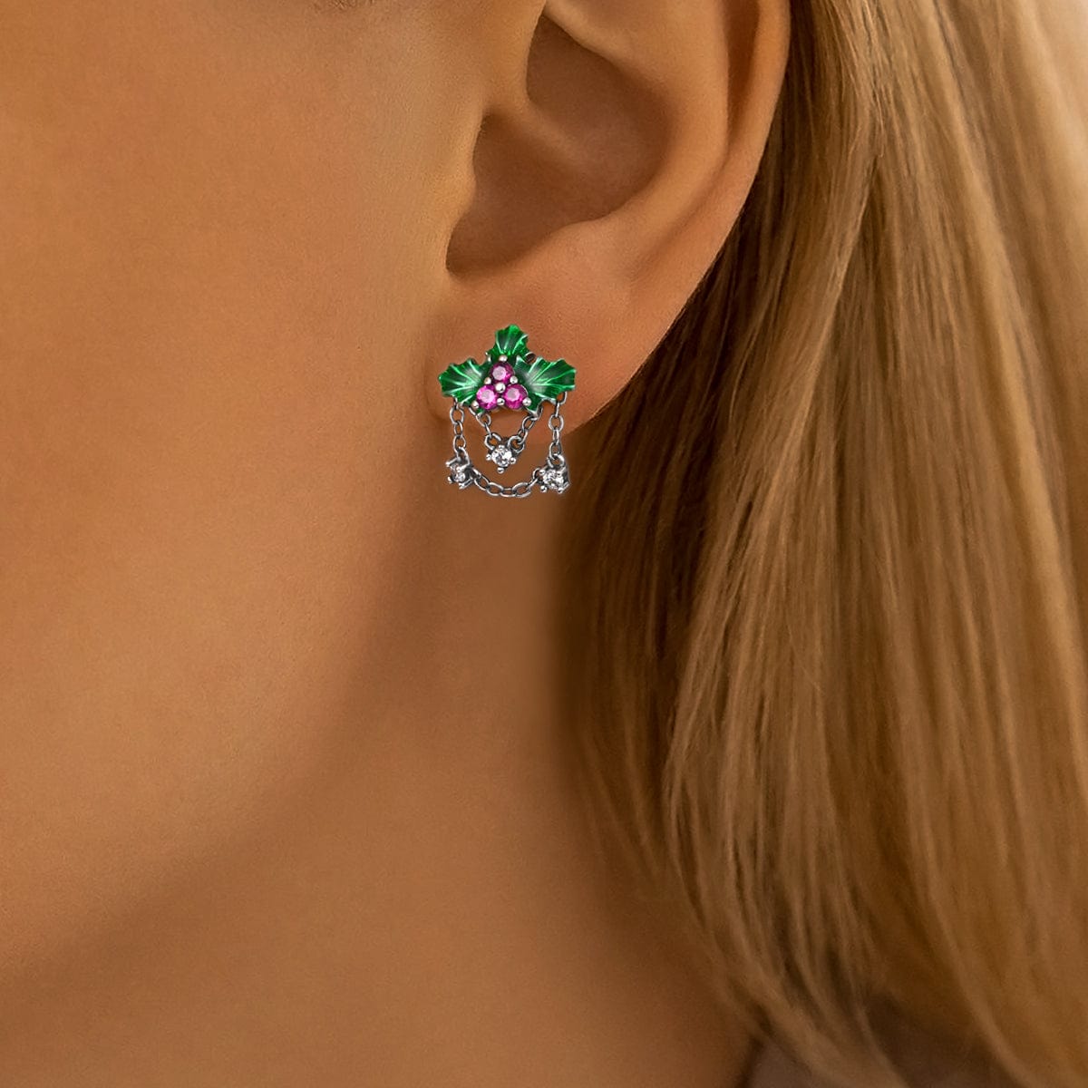 Liora Atelier Festive Holly Leaf & Berry Chain Earrings