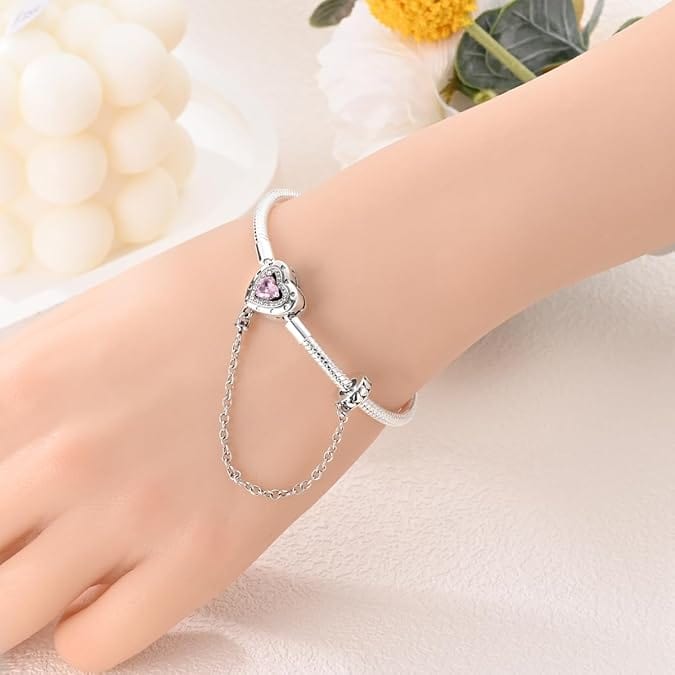Liora Atelier Heart Charm Bracelet with Pink Crystal and Safety Chain