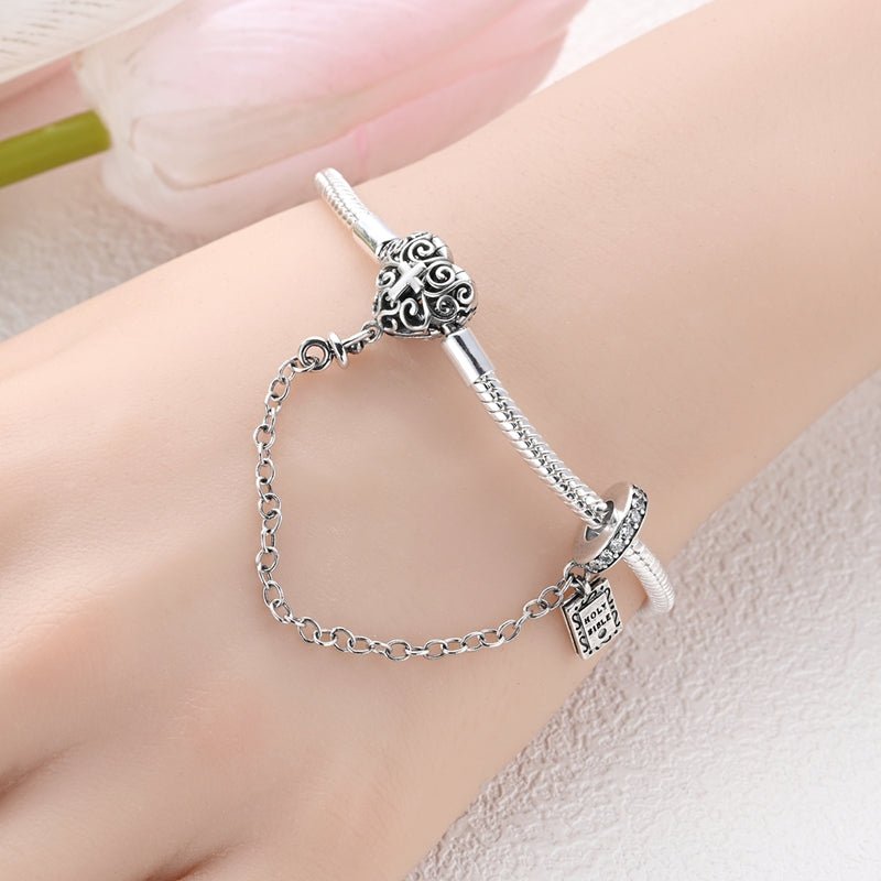 Liora Atelier Heart & Cross Charm Bracelet with Bible Safety Chain