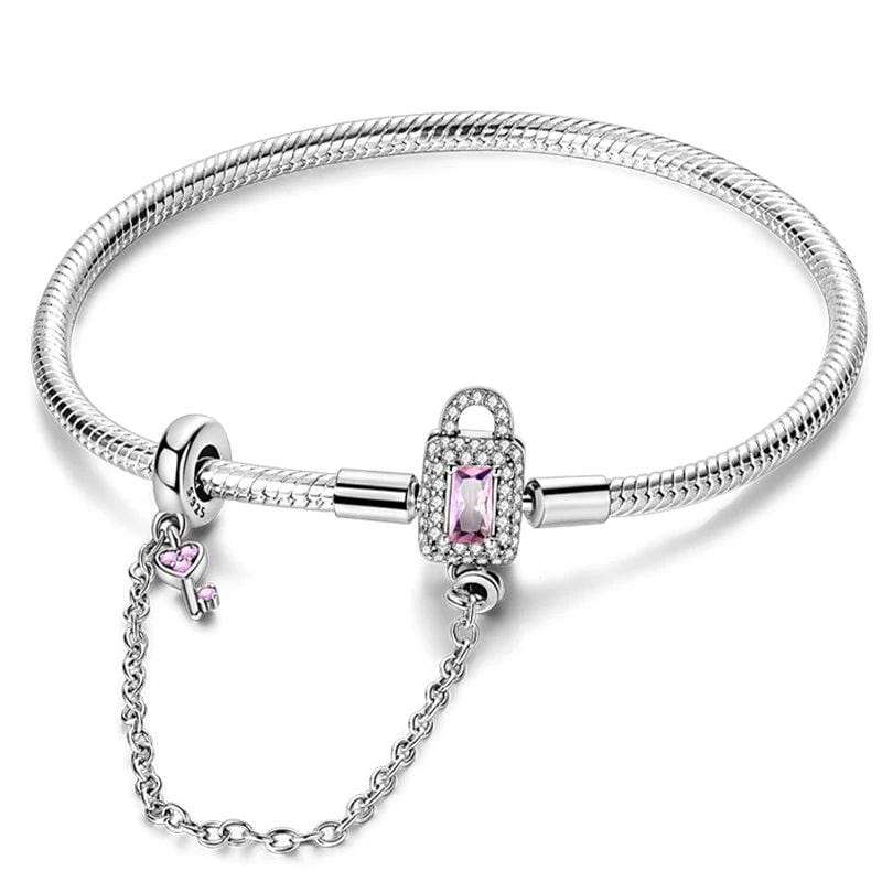 Liora Atelier Lock and Key Bracelet with Pink Crystal and Safety Chain
