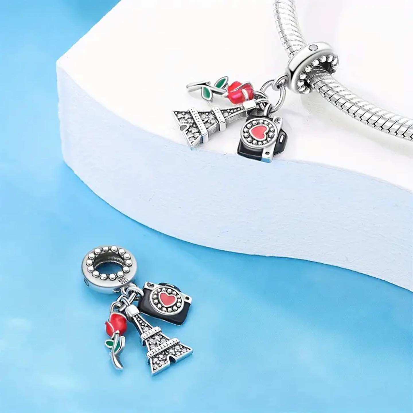 Liora Atelier Paris Eiffel Tower Camera and Rose Dangle Charm