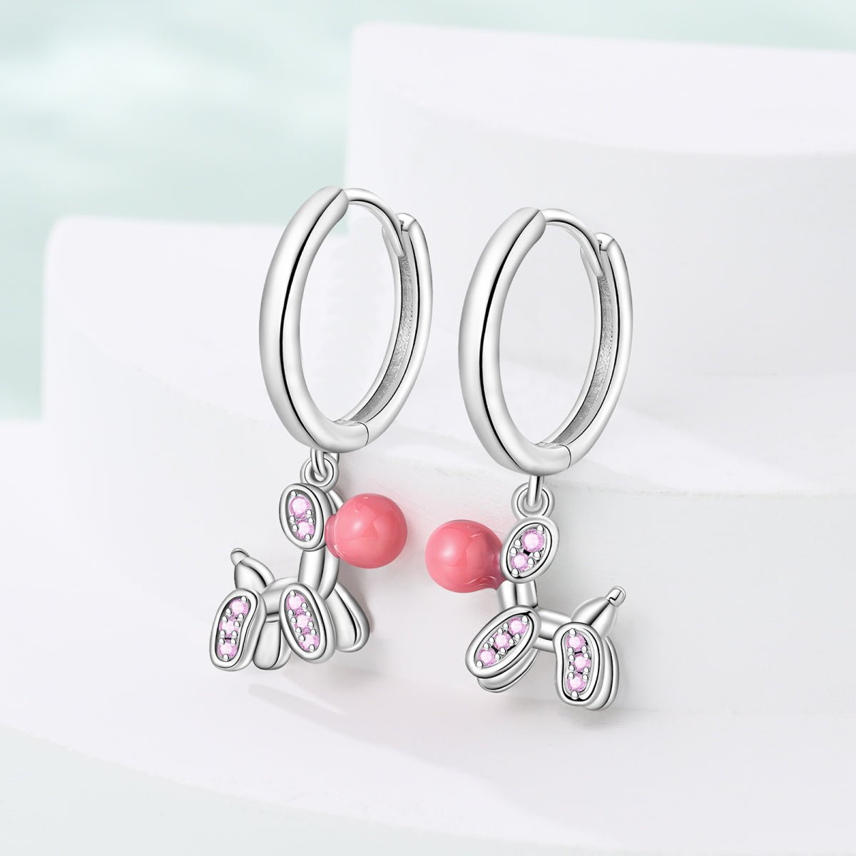 Liora Atelier Pink Balloon Dog with Crystal Accents Hoop Earrings