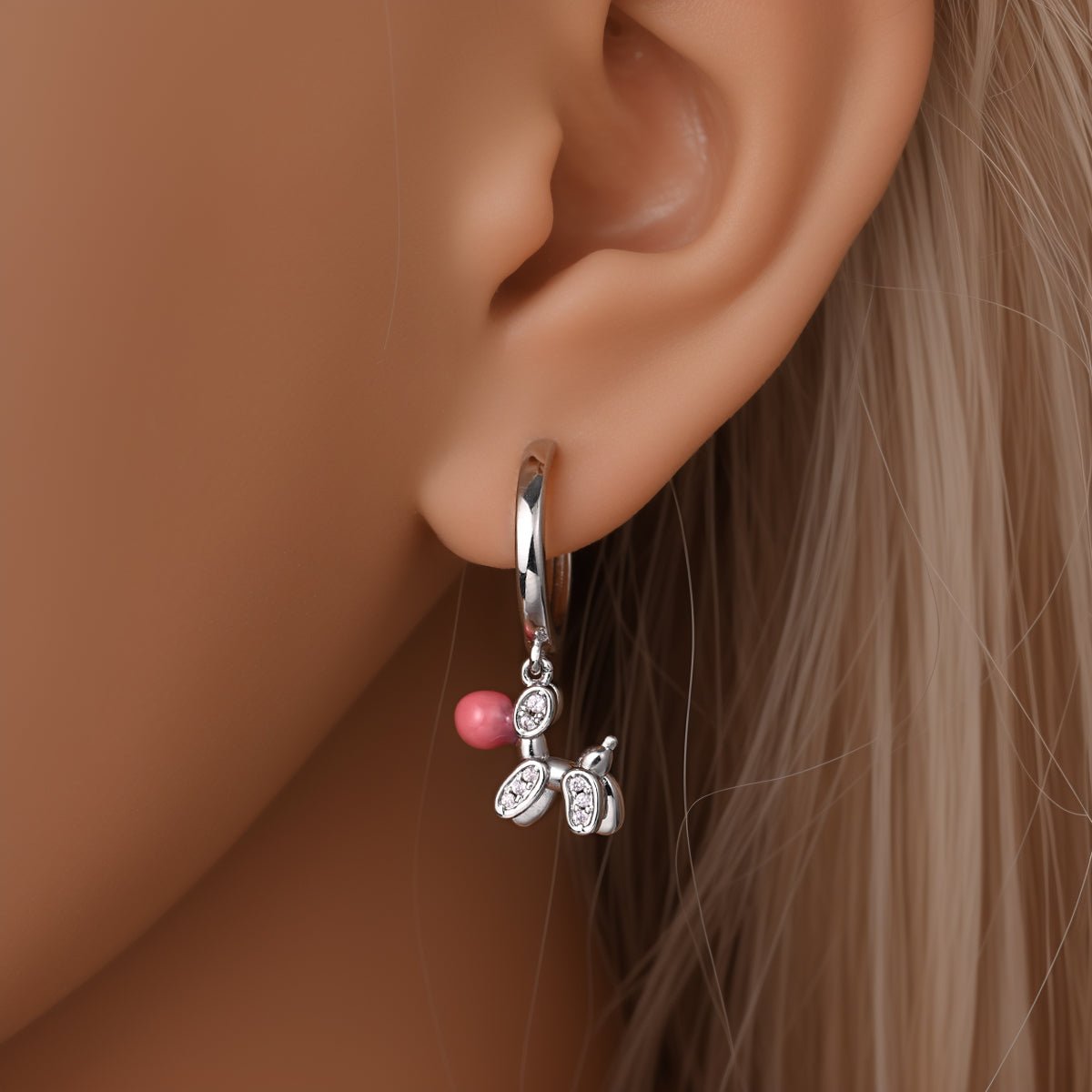 Liora Atelier Pink Balloon Dog with Crystal Accents Hoop Earrings