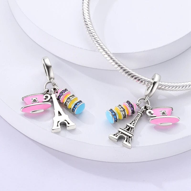 Liora Atelier Pink Coffee Macaron Paris Eiffel Tower Triple Dangle Charm