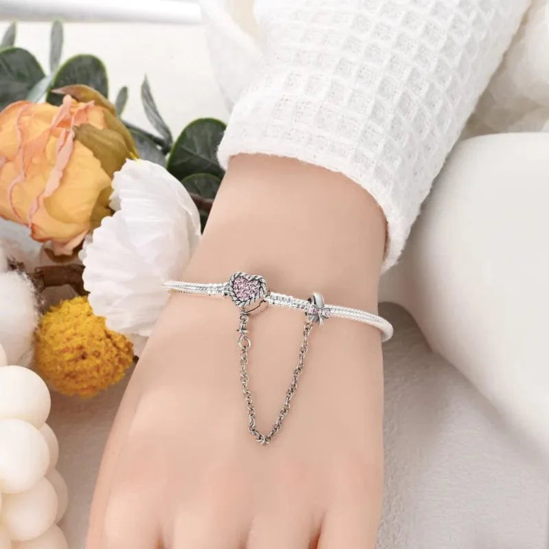 Liora Atelier Pink Crystal Heart Charm Bracelet with Bow and Safety Chain