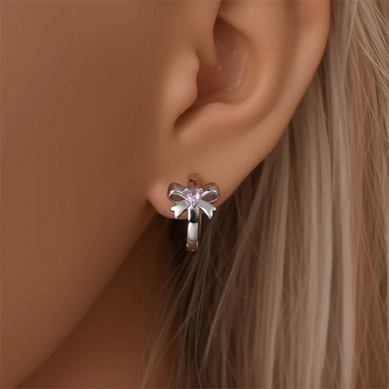Liora Atelier Pink Heart Gemstone Bow Hoop Earrings