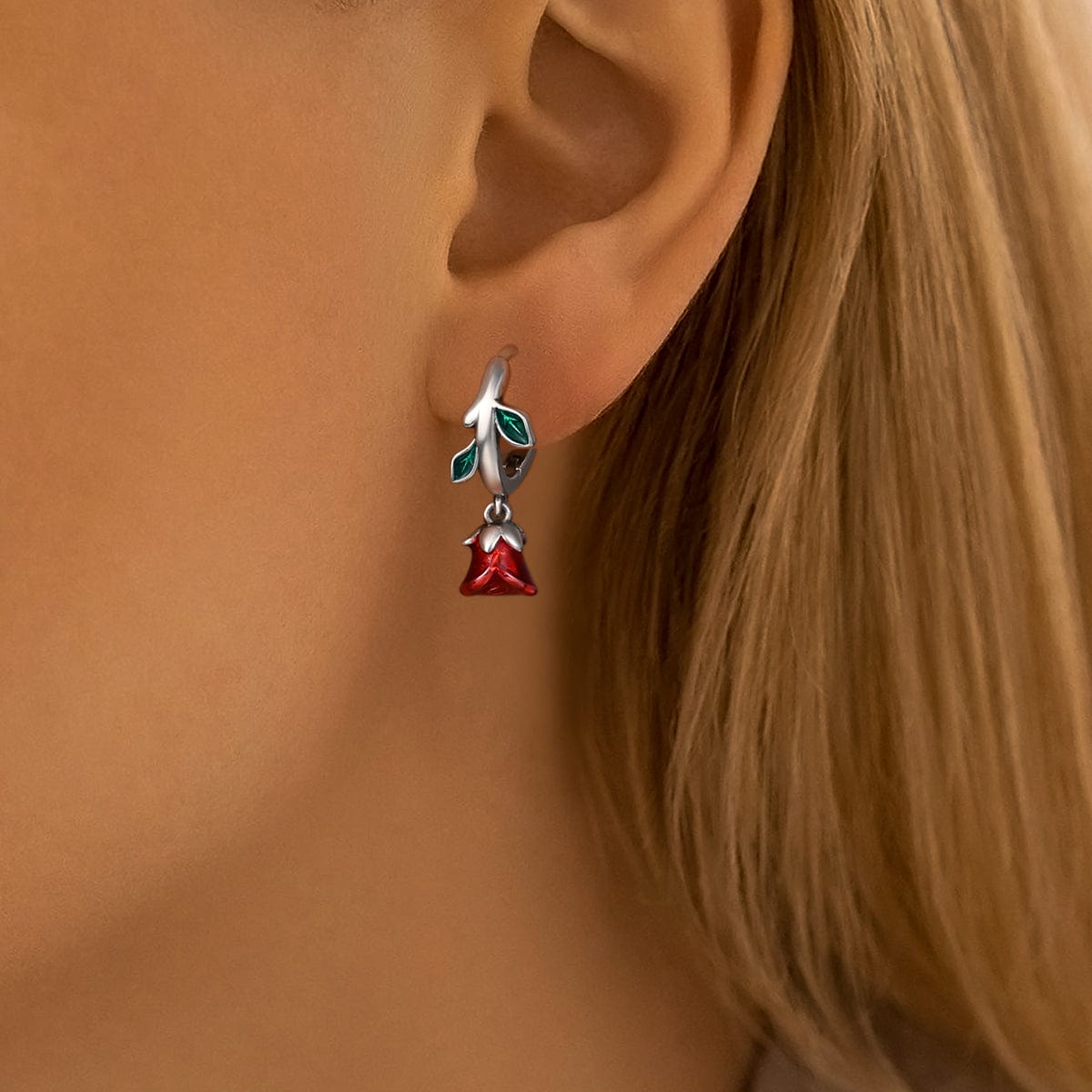 Liora Atelier Romantic Red Rose Drop Earrings with Enamel Leaves