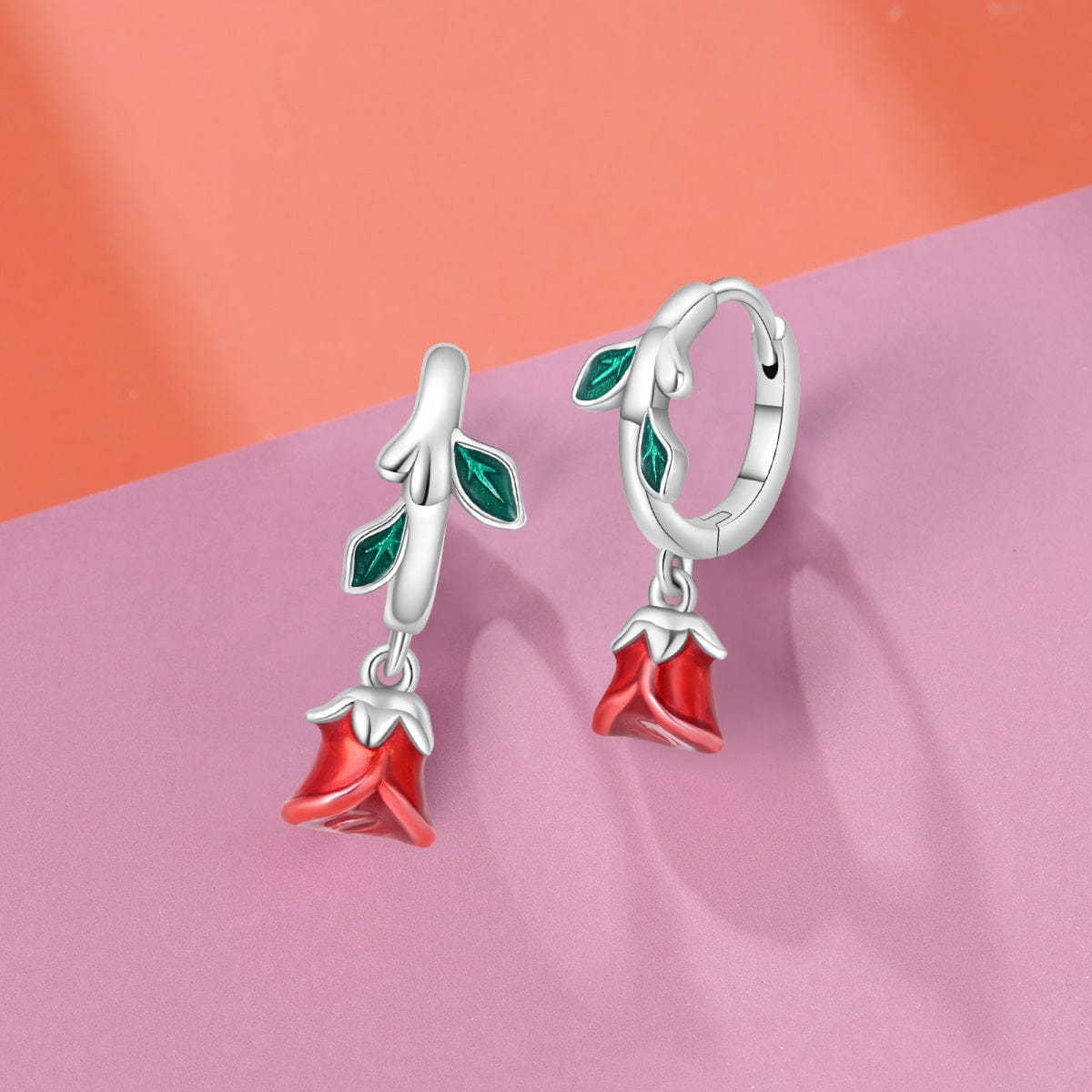 Liora Atelier Romantic Red Rose Drop Earrings with Enamel Leaves