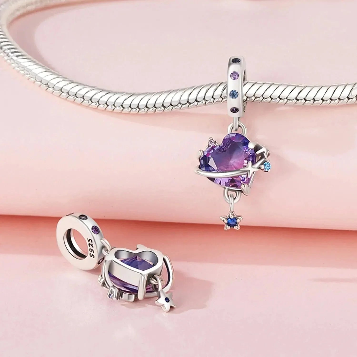 Liora Atelier Romantic Universe Theme Murano Glass Purple Heart Dangle Charm