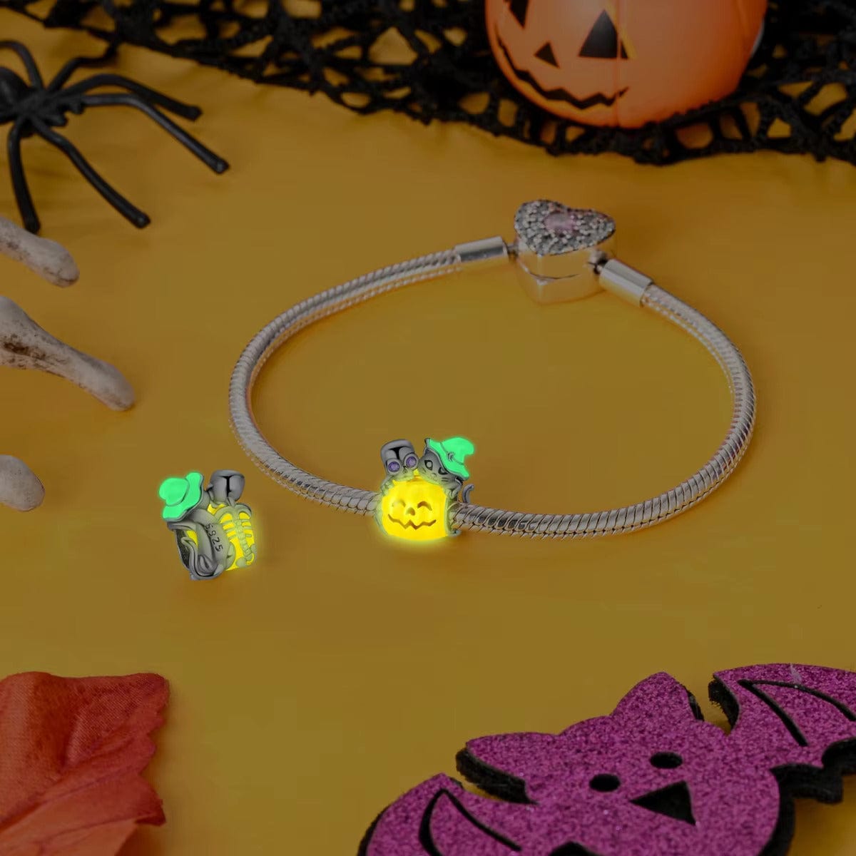 Liora Atelier Skeleton & Witch Cat on Pumpkin Charm
