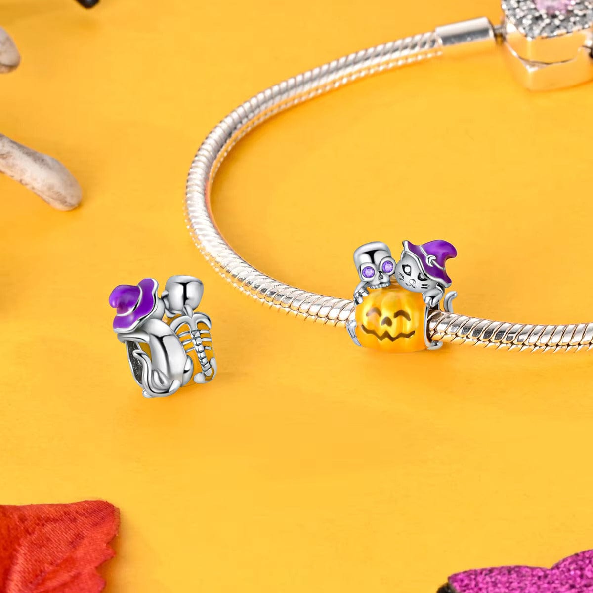Liora Atelier Skeleton & Witch Cat on Pumpkin Charm