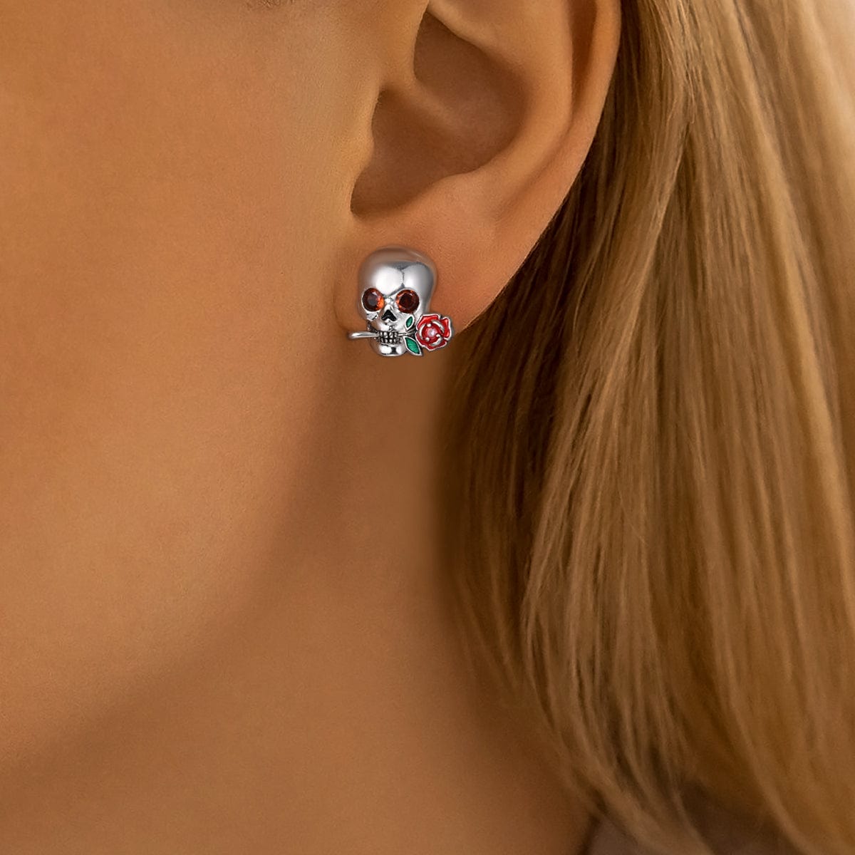 Liora Atelier Skull & Rose Crystal Stud Earrings with Enamel Accents