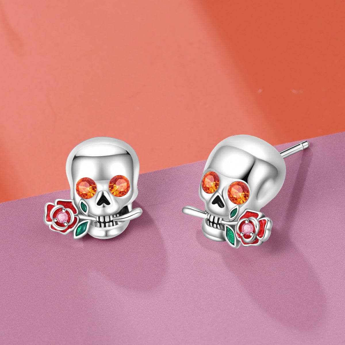Liora Atelier Skull & Rose Crystal Stud Earrings with Enamel Accents