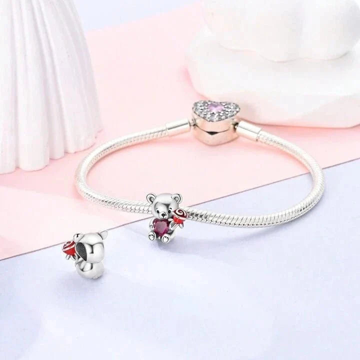 Liora Atelier Teddy Bear Holding a Heart & Rose Love Charm