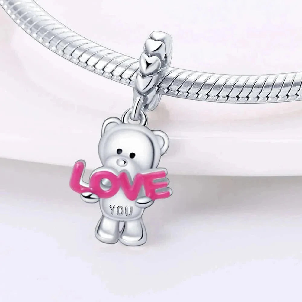 Liora Atelier Teddy Bear Holding 'Love You' Pink Dangle Charm