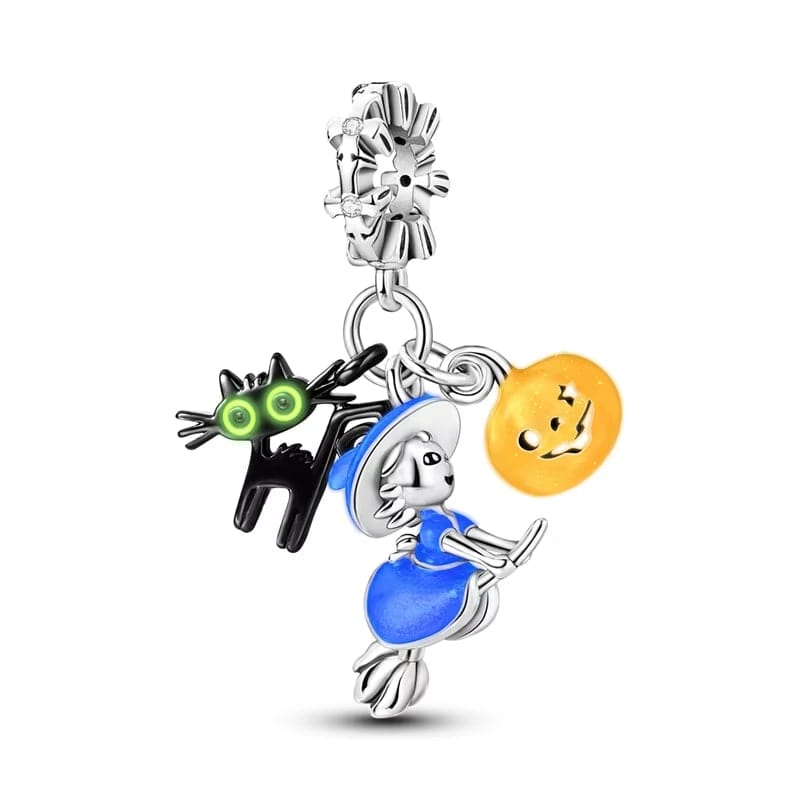Liora Atelier Witch on Broomstick, Luminous Cat & Pumpkin Triple Dangle Charm