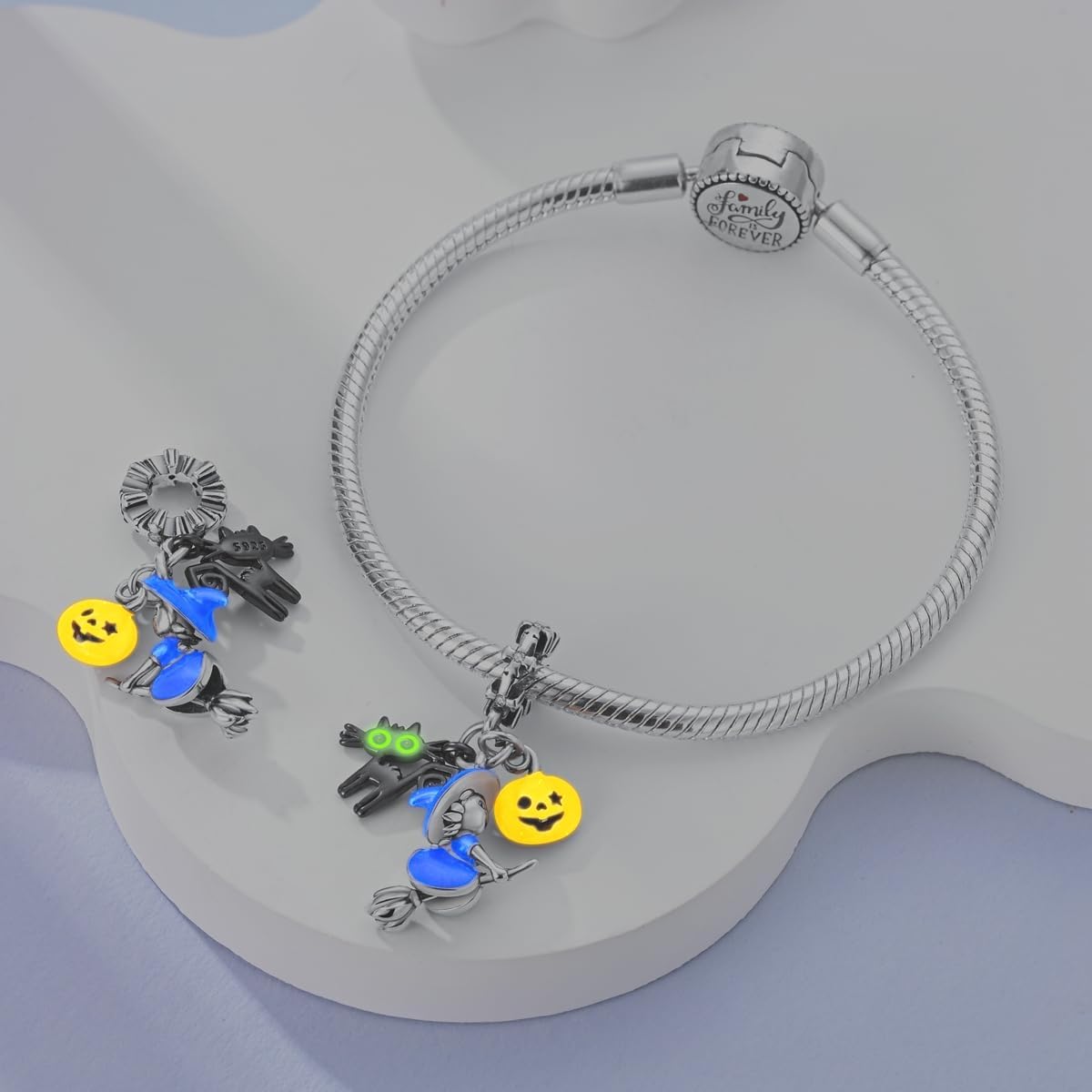 Liora Atelier Witch on Broomstick, Luminous Cat & Pumpkin Triple Dangle Charm