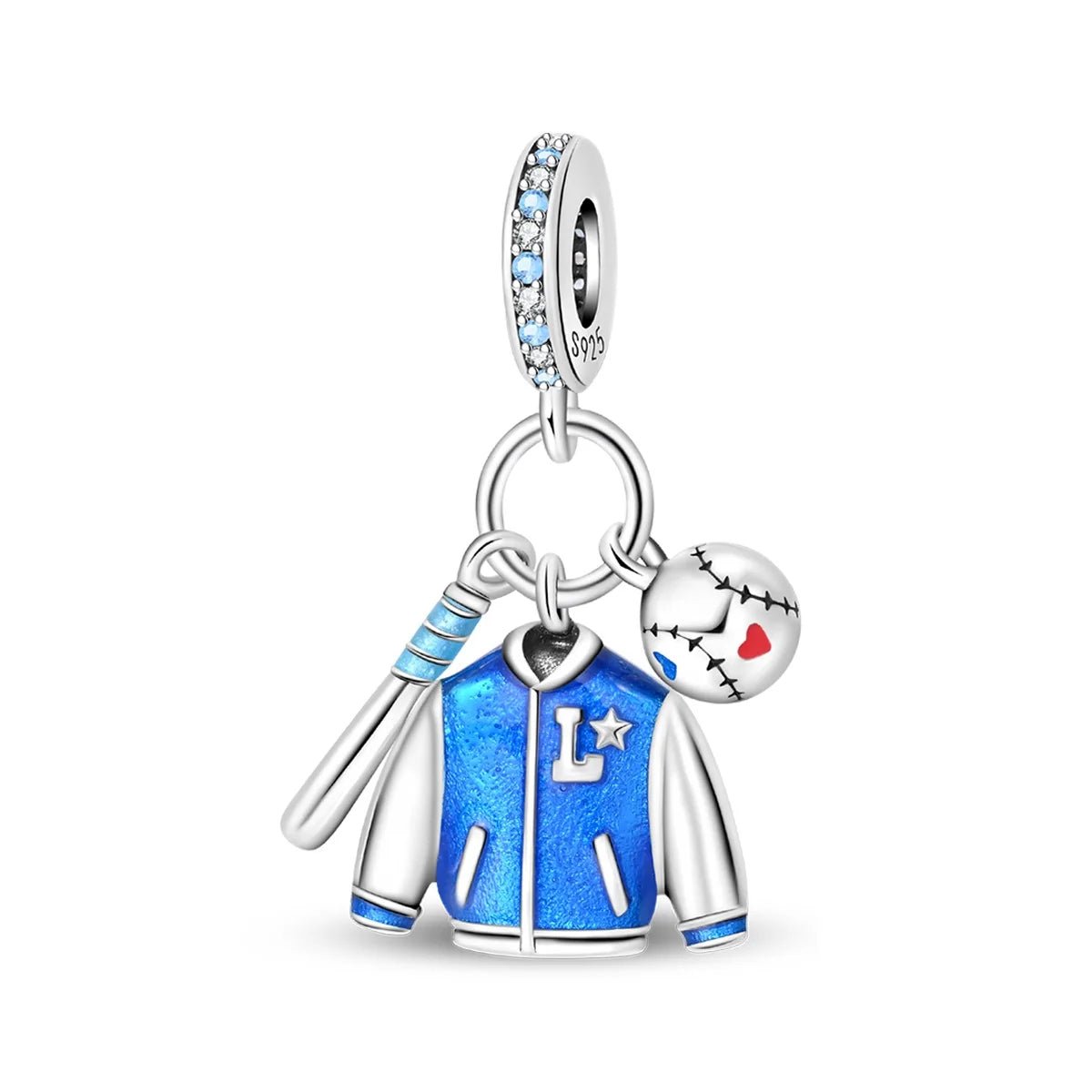 Liora Atelier Blue Baseball Jacket, Bat & Ball Dangle Charm