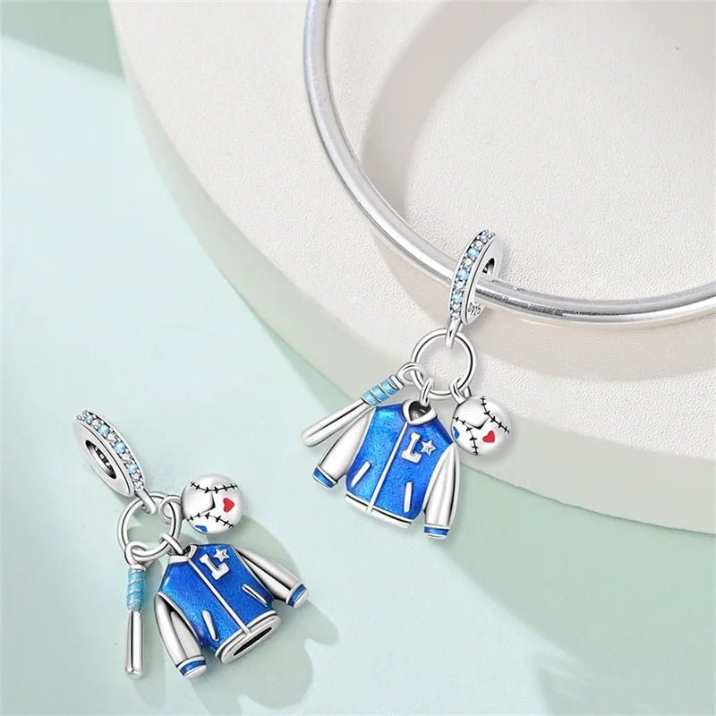 Liora Atelier Blue Baseball Jacket, Bat & Ball Dangle Charm