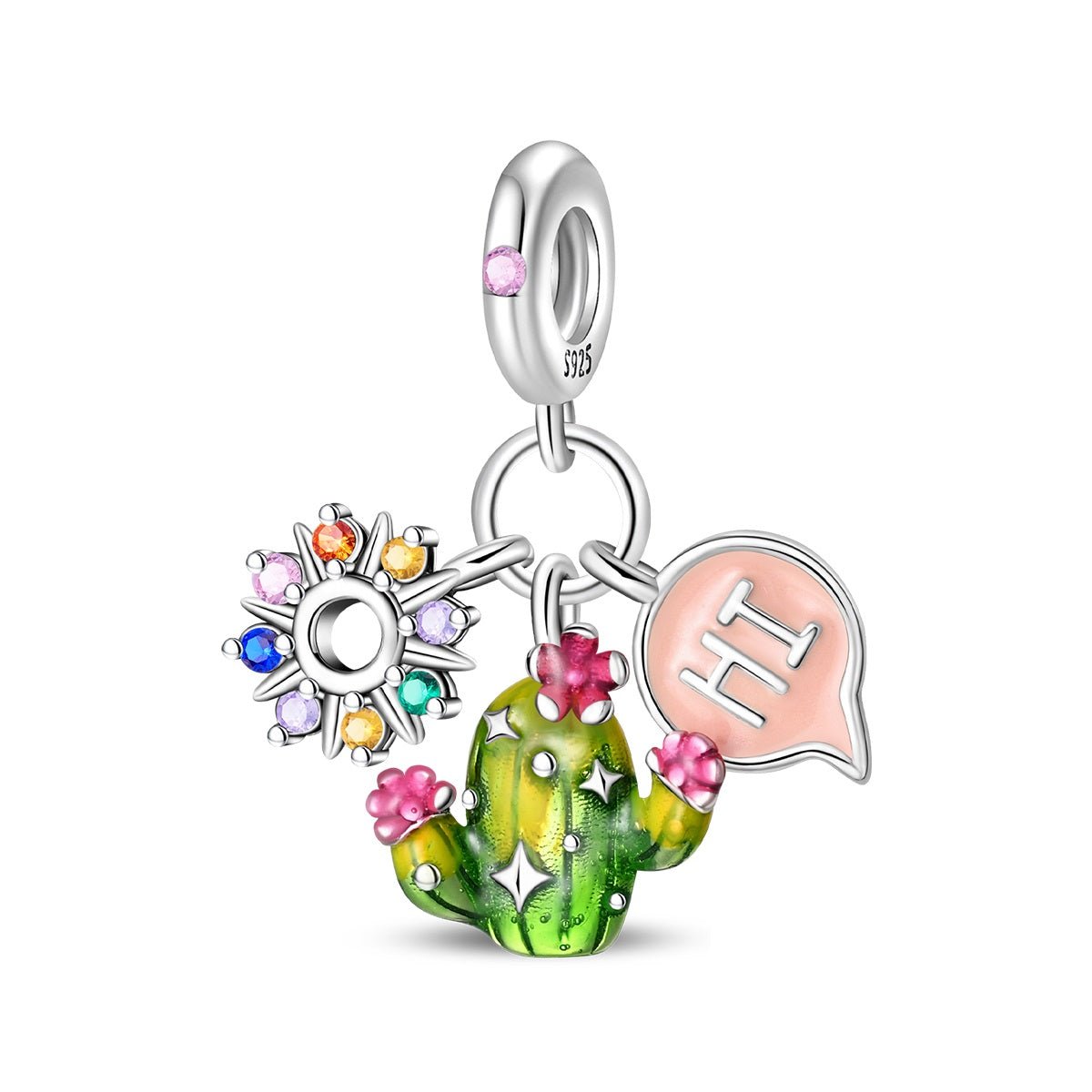 Liora Atelier Cactus with Rainbow Flowers & "Hi" Speech Bubble Dangle Charm