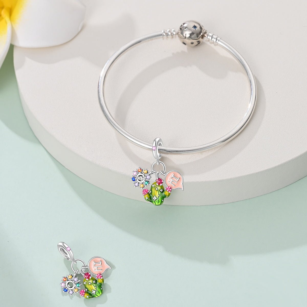 Liora Atelier Cactus with Rainbow Flowers & "Hi" Speech Bubble Dangle Charm