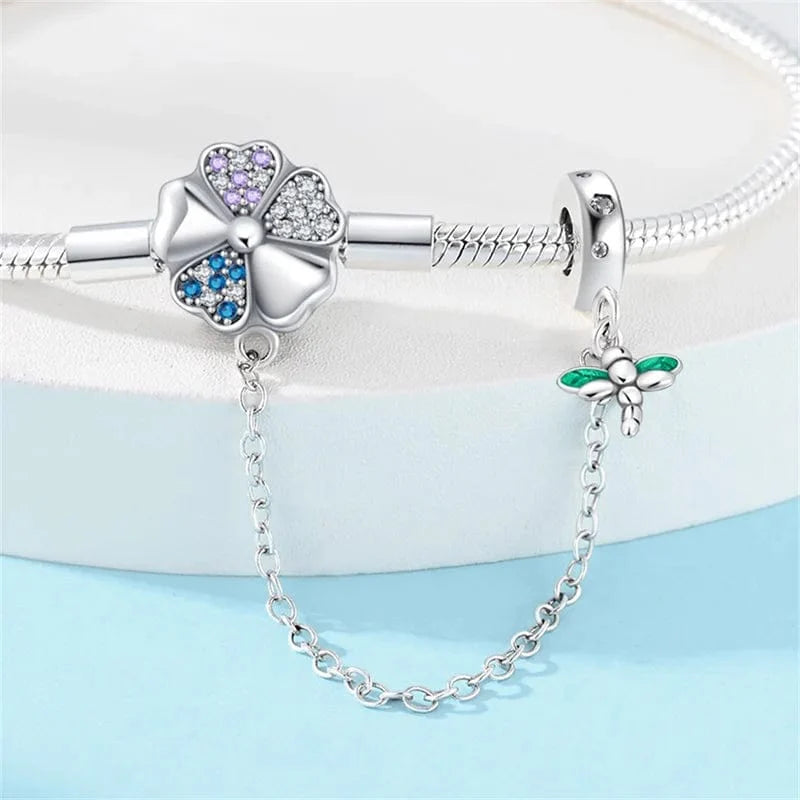 Liora Atelier Clover and Dragonfly Charm Bracelet with Safety Chain