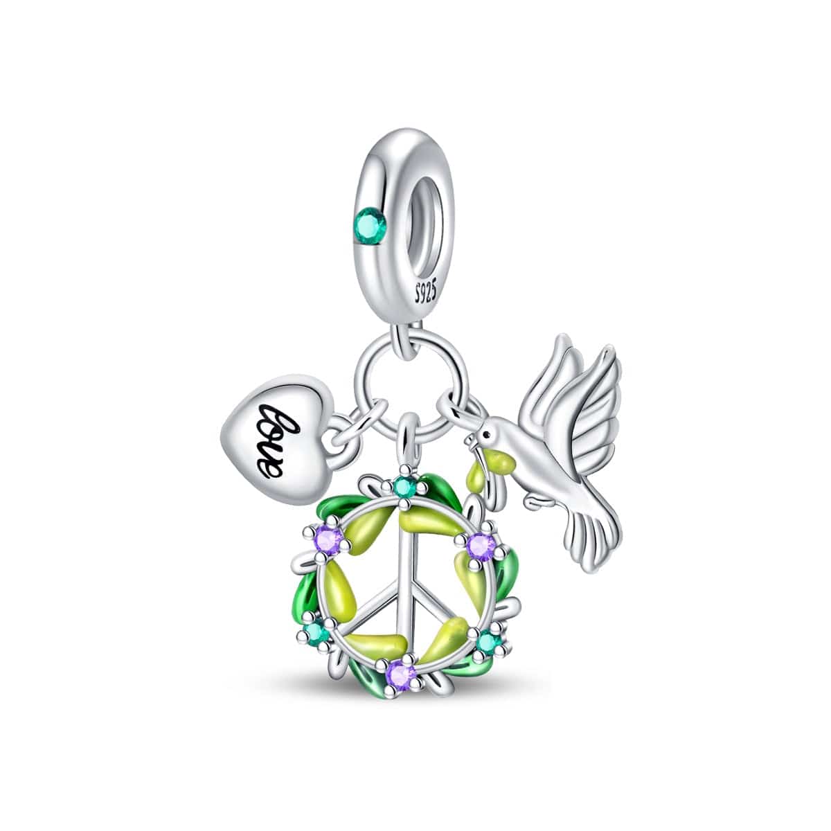 Liora Atelier Dove, Peace Wreath, and Love Heart Triple Dangle Charm
