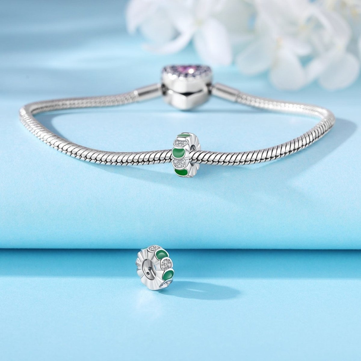 Liora Atelier Elegant Green Enamel & Crystal Detailed Sterling Silver Charm