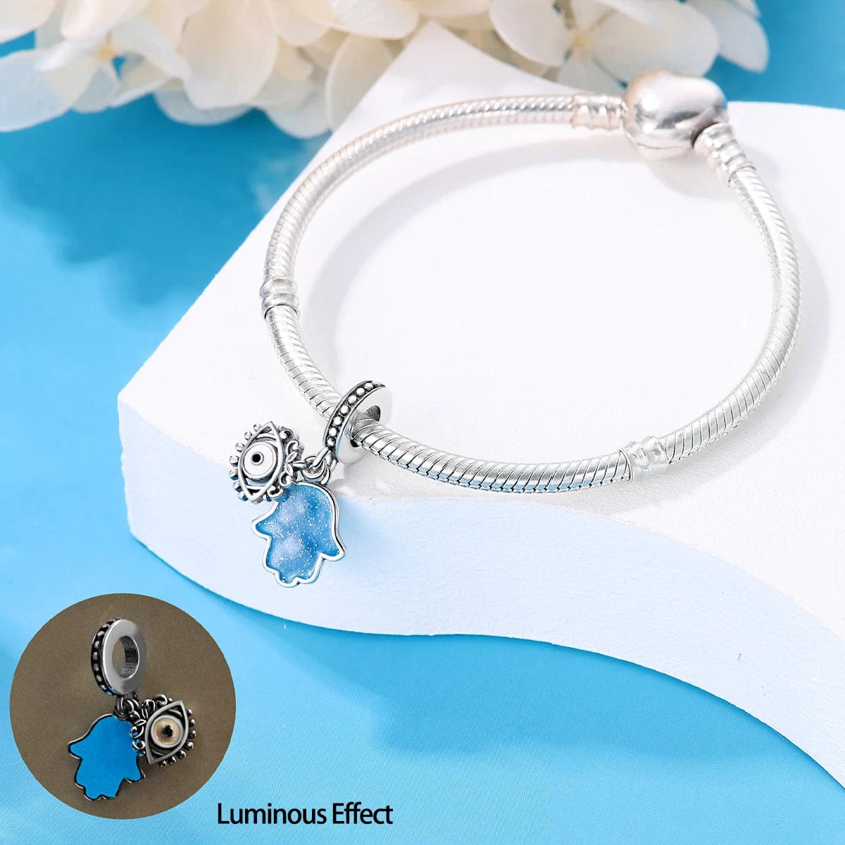 Liora Atelier Glow in the Dark Luminous Hamsa Hand and Evil Eye Dangle Charm