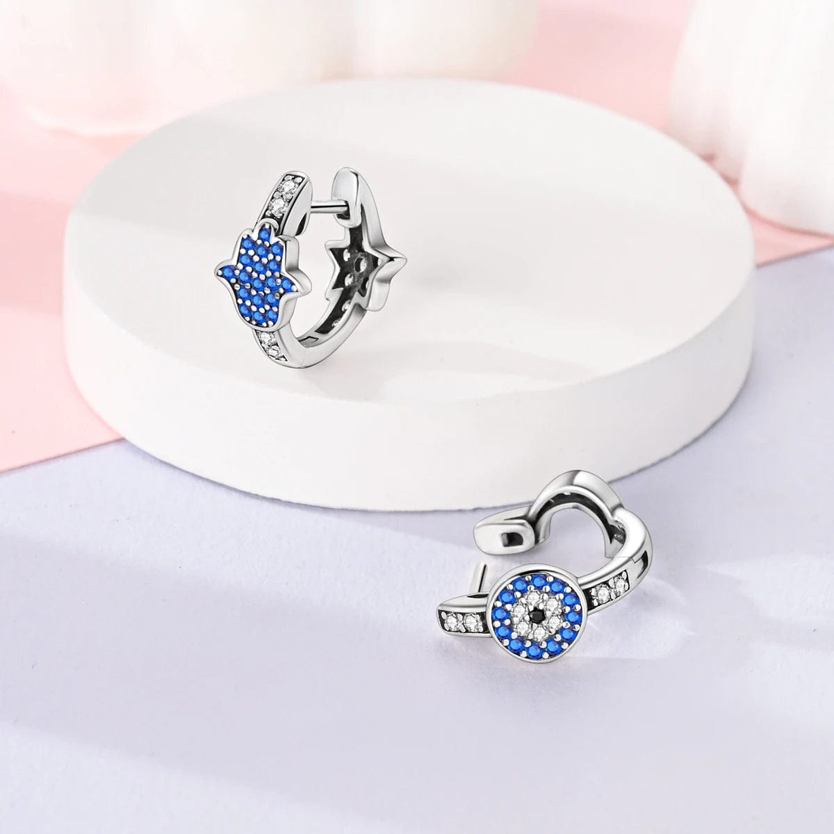 Liora Atelier Hamsa & Evil Eye Hoop Earrings with Blue Crystals