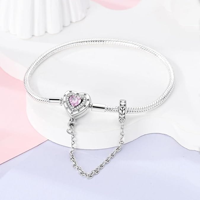Liora Atelier Heart Charm Bracelet with Pink Crystal and Safety Chain