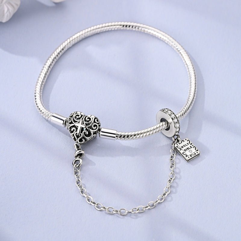 Liora Atelier Heart & Cross Charm Bracelet with Bible Safety Chain