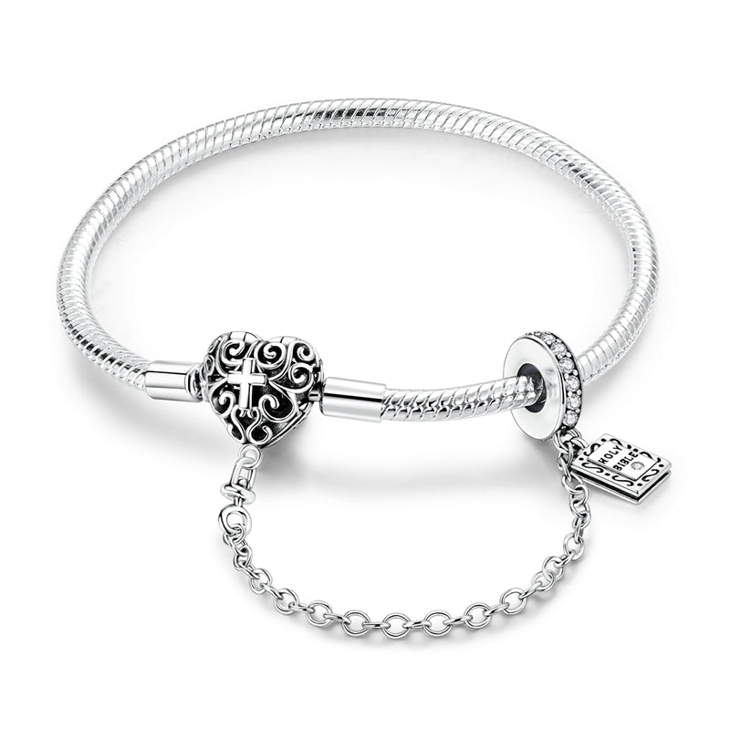 Liora Atelier Heart & Cross Charm Bracelet with Bible Safety Chain