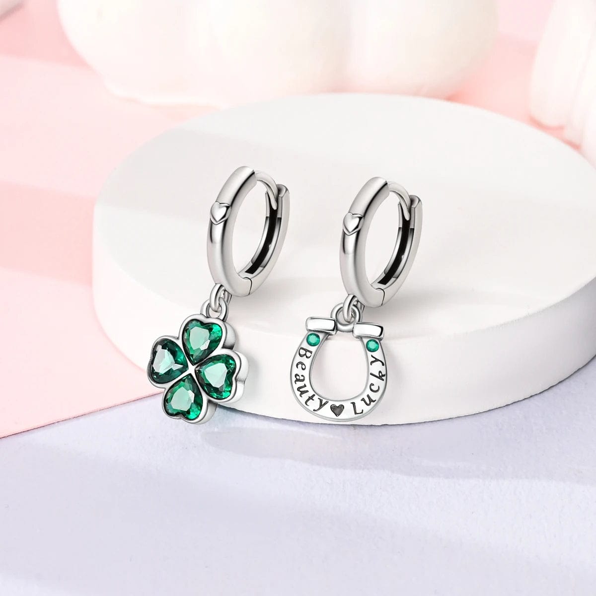 Liora Atelier Lucky Clover & Horseshoe Hoop Earrings with Green Crystals