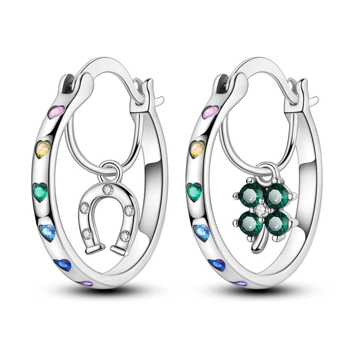 Liora Atelier Lucky Horseshoe & Clover Hoop Earrings with Multicolored Heart Accents