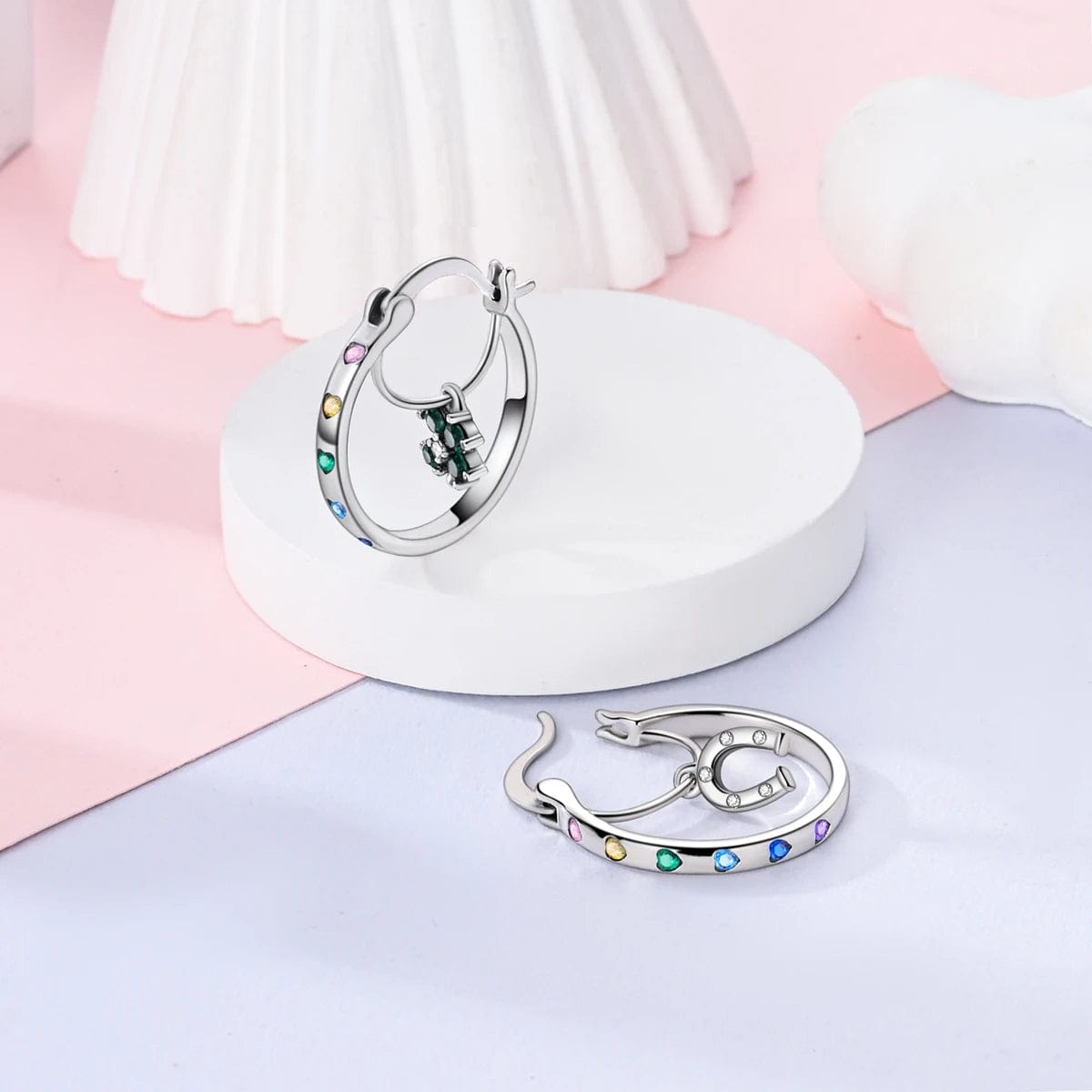 Liora Atelier Lucky Horseshoe & Clover Hoop Earrings with Multicolored Heart Accents