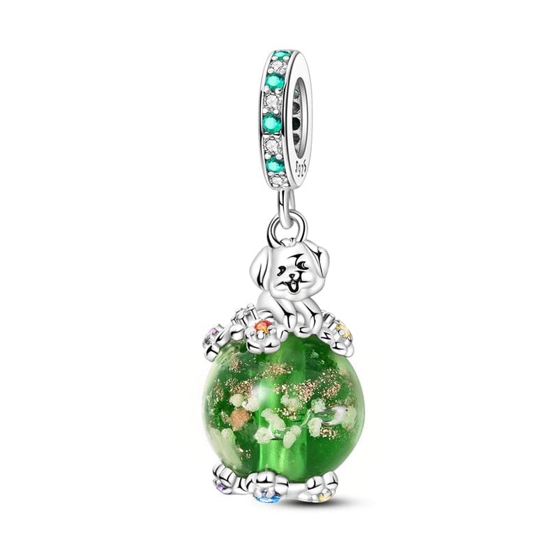 Liora Atelier Luminous Dog with Green Crystal Globe Dangle Charm