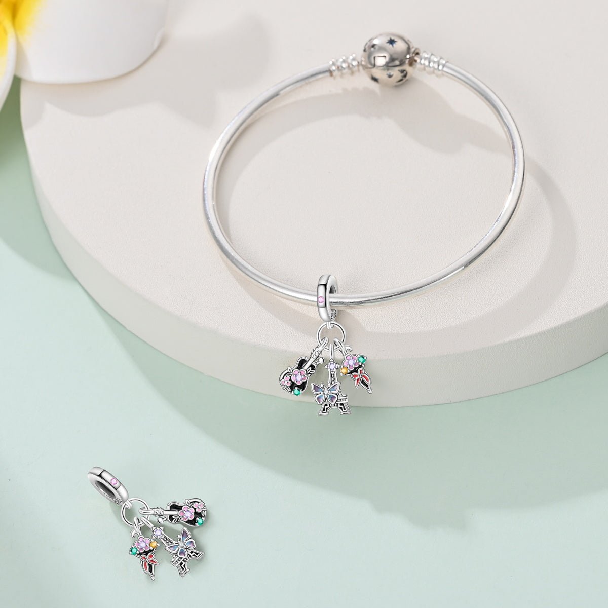 Liora Atelier Parisian Guitar, Eiffel Tower, Butterfly, & Floral Ice Cream Triple Dangle Charm