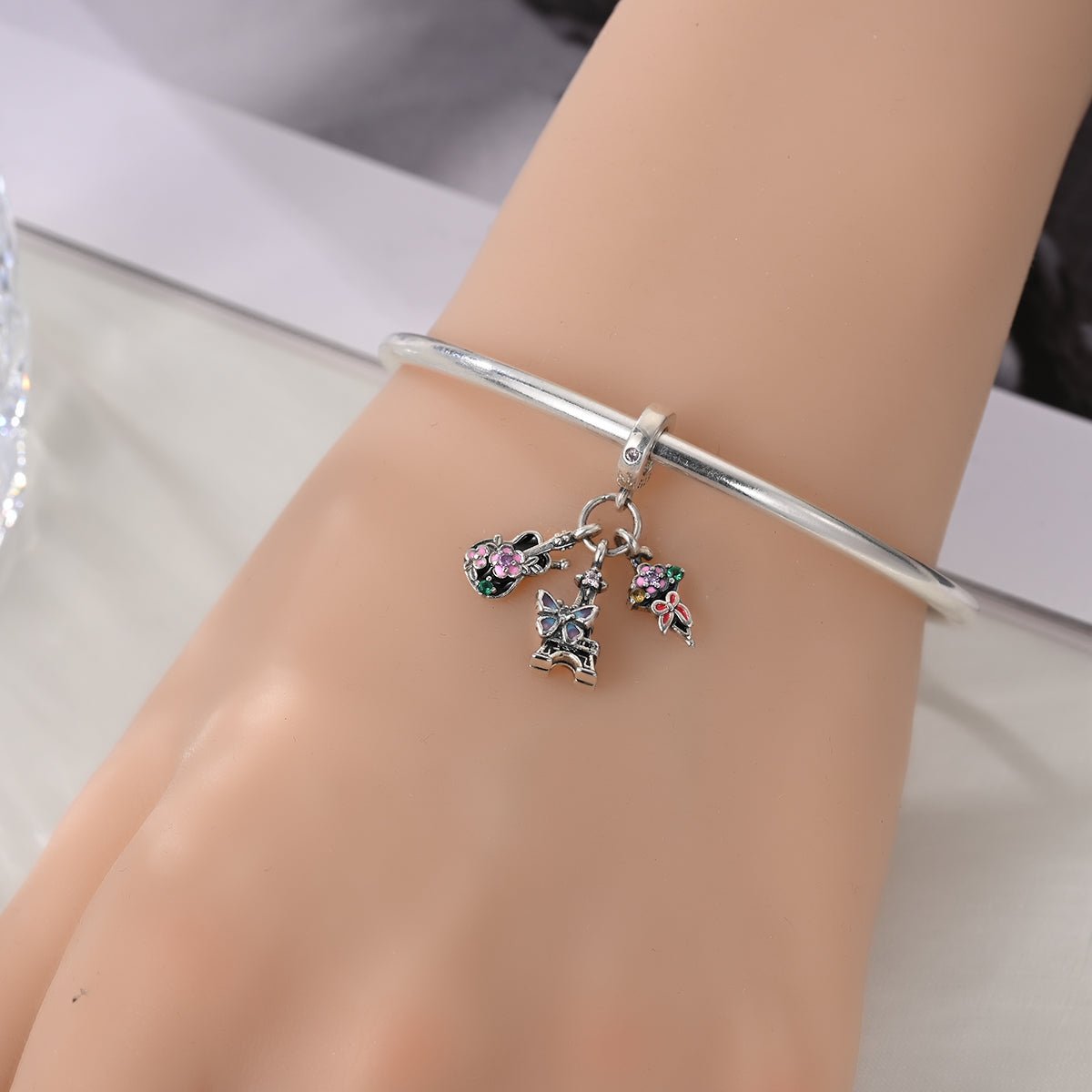 Liora Atelier Parisian Guitar, Eiffel Tower, Butterfly, & Floral Ice Cream Triple Dangle Charm