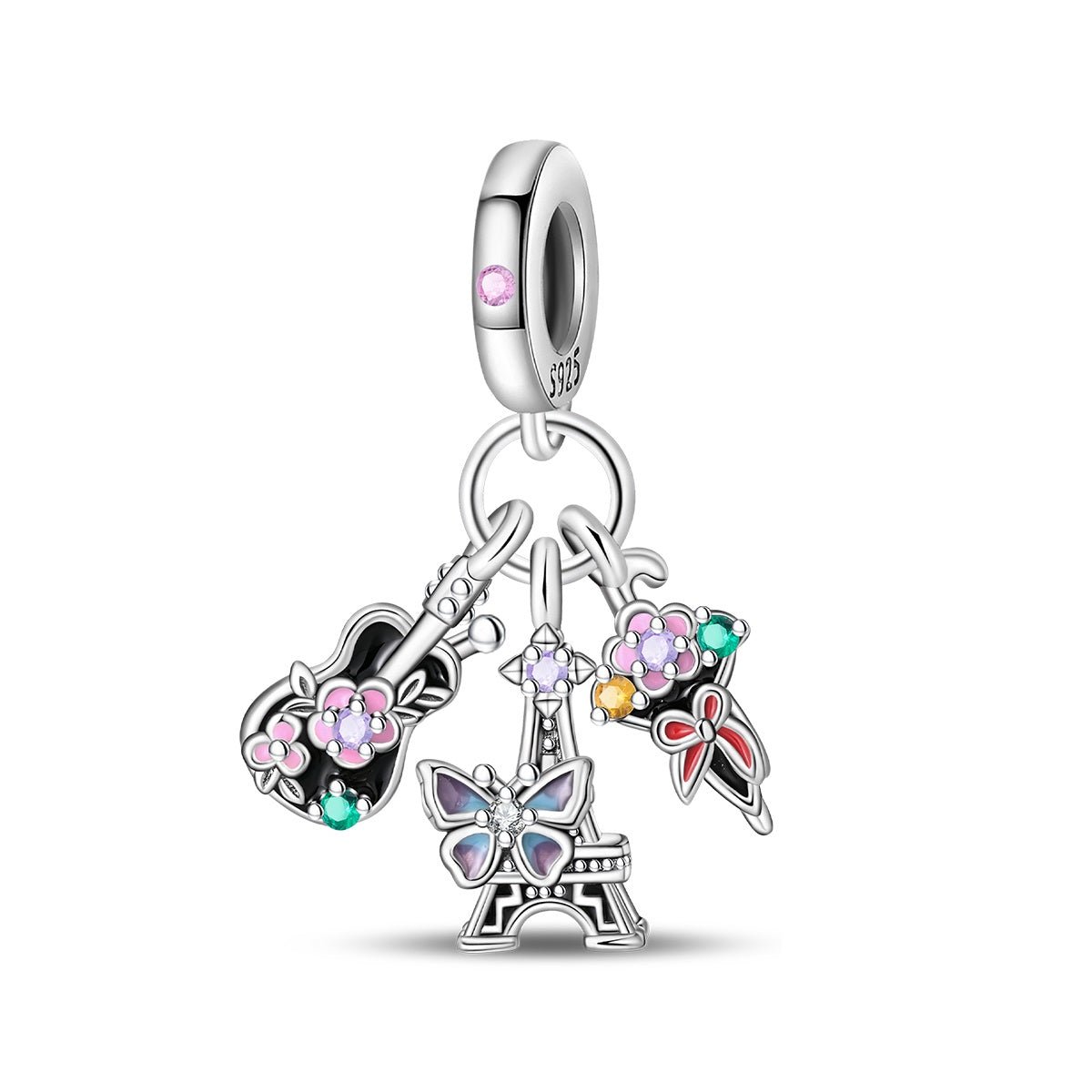 Liora Atelier Parisian Guitar, Eiffel Tower, Butterfly, & Floral Ice Cream Triple Dangle Charm
